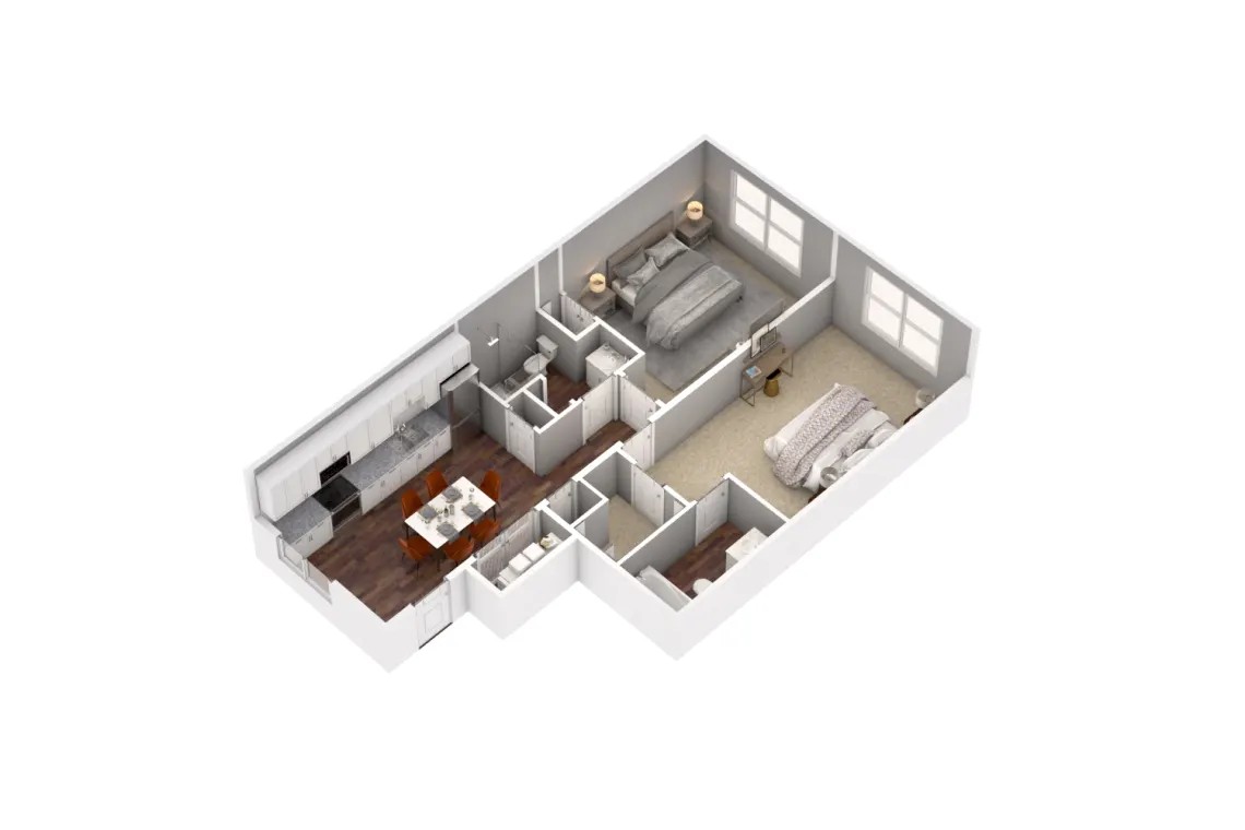 Floor plan for 2 beds, 2 baths, 1103 sqft